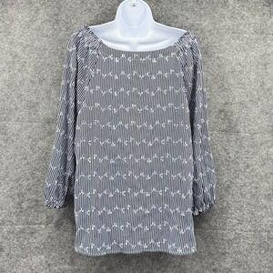 Loft Outlet Womens Embroidered Striped Blouse XL Navy & White Boat neck